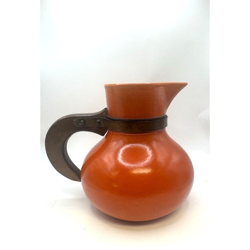 Vintage Bauer Los Angeles Orange Pottery Carafe Pitcher Wood with Handle